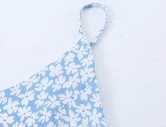 LIZAKOSHT  -  Sexy Light Blue Floral Print V Collar Sling Mini Dress Women Backless Tie Bow Sashes Back A-Line Dresses Femme Vestidos Robe