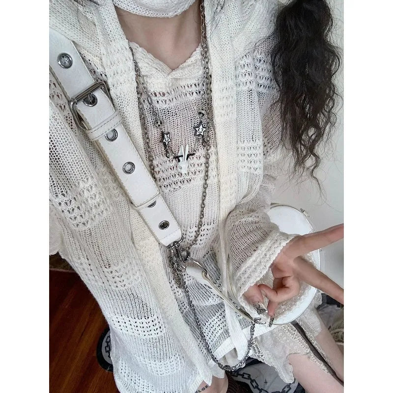 LIZAKOSHT  -  Y2k Harajuku Women's Kint Sweater Rabbit Ear Knitwear Hollow Out Grunge Pullovers Spring Oversize Gothic Jumper Korean