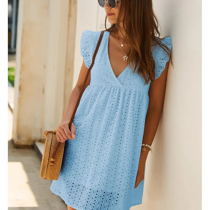 LIZAKOSHT  -  Temperament Commuter Women's Wear Summer V-Neck Short Sleeve Lace Dress