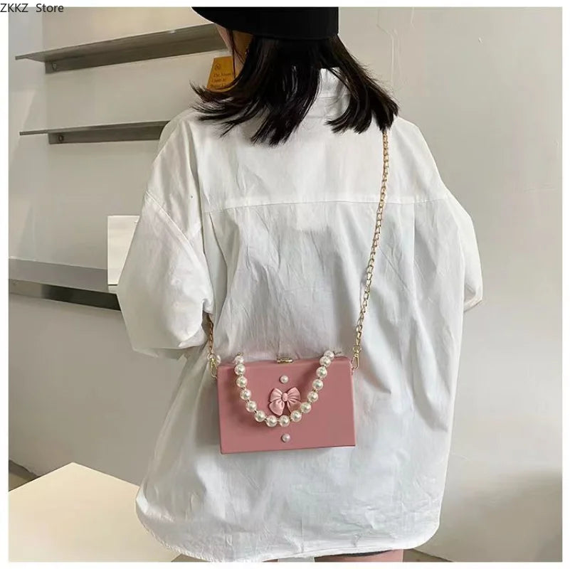 LIZAKOSHT  -  Pearl Bow Small Square Bag Women's Beaded Box Bag Female Handbag Crossbody Bag Mobile Phone Shoulder Bag