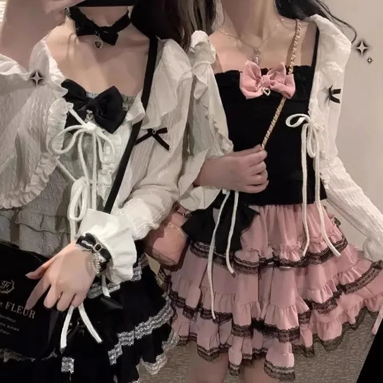 LIZAKOSHT  -  Harajuku Sweet Lolita A-line Skirt for Women Y2k High Waist Ruched Lace Cake Skirts Summer New Pink Faldas Mujer