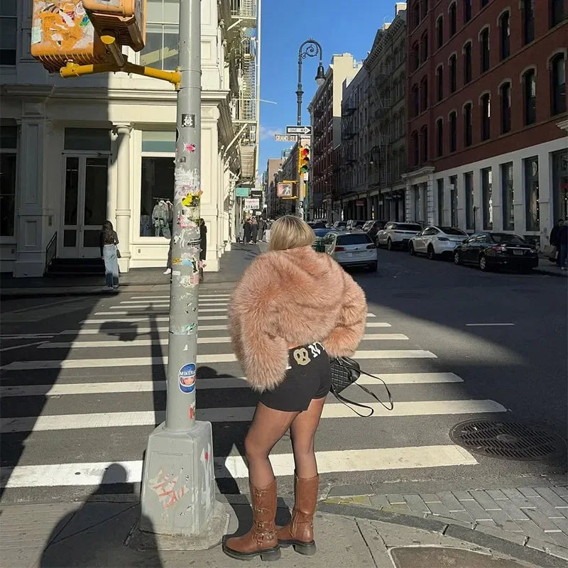LIZAKOSHT  -  Women Solid Faux Fur Short Coat Elegant Long Sleeve Fluffy Loose Cropped Jacket Lady New Winter Warm High Street Outerwear 2025