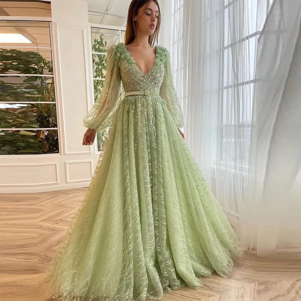 LIZAKOSHT  -  Luxury Beaded Crystals Prom Dresses Green Lace Appliques Long Sleeves Evening Dress A-Line Saudi Arabic Women Party Gowns