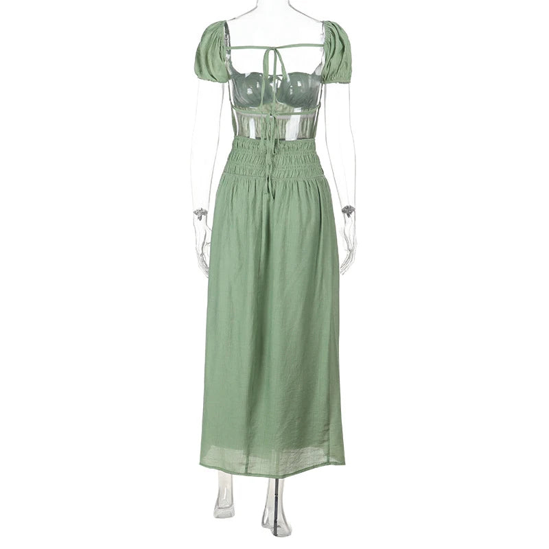 LIZAKOSHT  -  Summer Square Neck Short Sleeved Women's Party Dress Casual Beach Long Dresses Sexy Backless Lace Up Pleated Holiday Dress