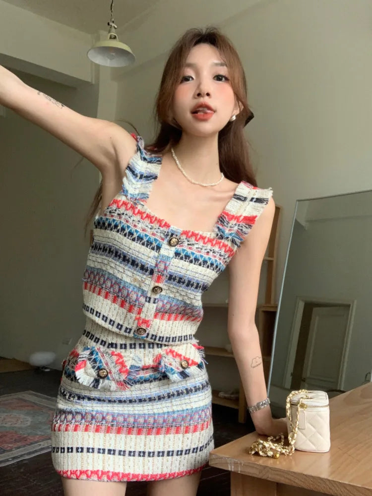 Lizakosht Summer Elegant Sexy Tweed Stripe 2 Piece Set Women Short Vest Crop Top + A-line Skirt Vintage Two Piece Skirt Set Outfits