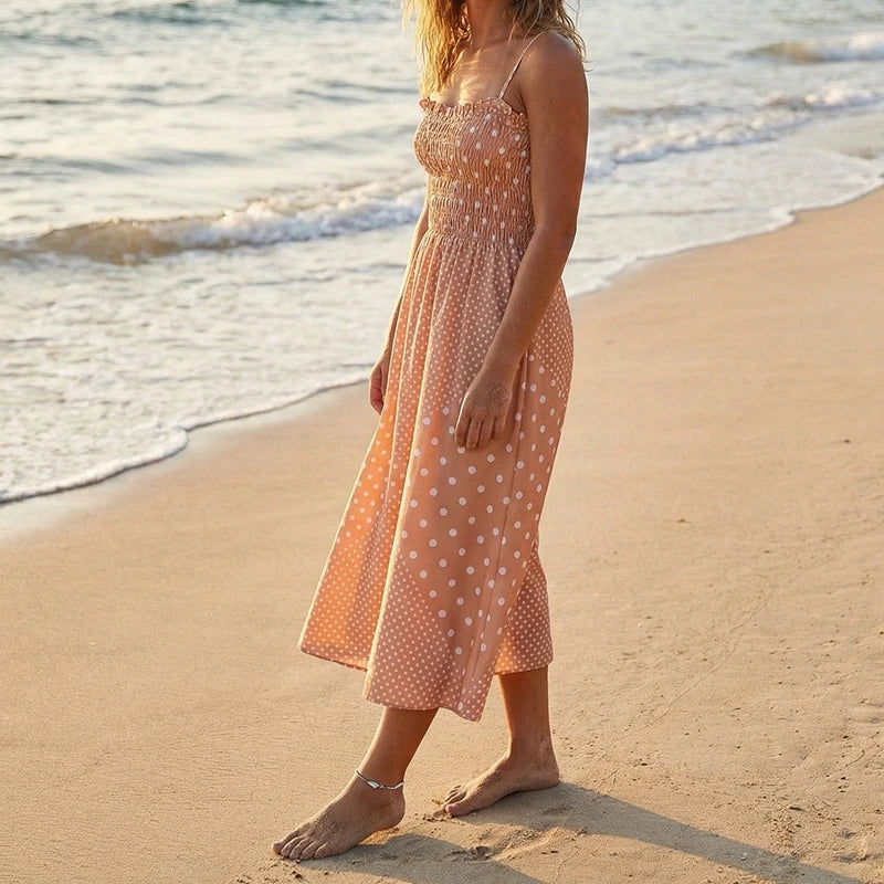 LIZAKOSHT  -  Women Polka Dot Print Dress Shirred Sleeveless Spaghetti Strap Maxi Dress Beach Vacation Party Night Cocktail Dress