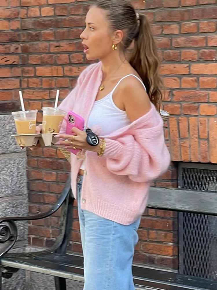 LIZAKOSHT  -  Round Neck Sweater Cardigan Minimalism Cute Soft Waxy Knitted Short Coat Jacket Women Casual Loose Slimming Single Breasted Top