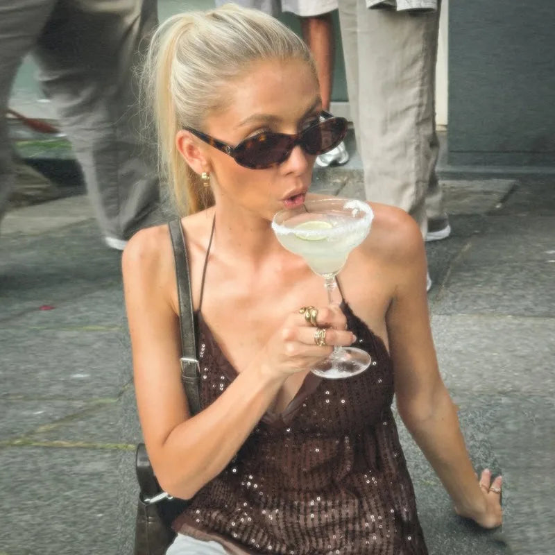 LIZAKOSHT  -  Retro Glitter Dress Sets Sexy V-neck Shiny Backless Lace-up Vest Glitter Skirt Set Fashion Party Club Women Dress Sets