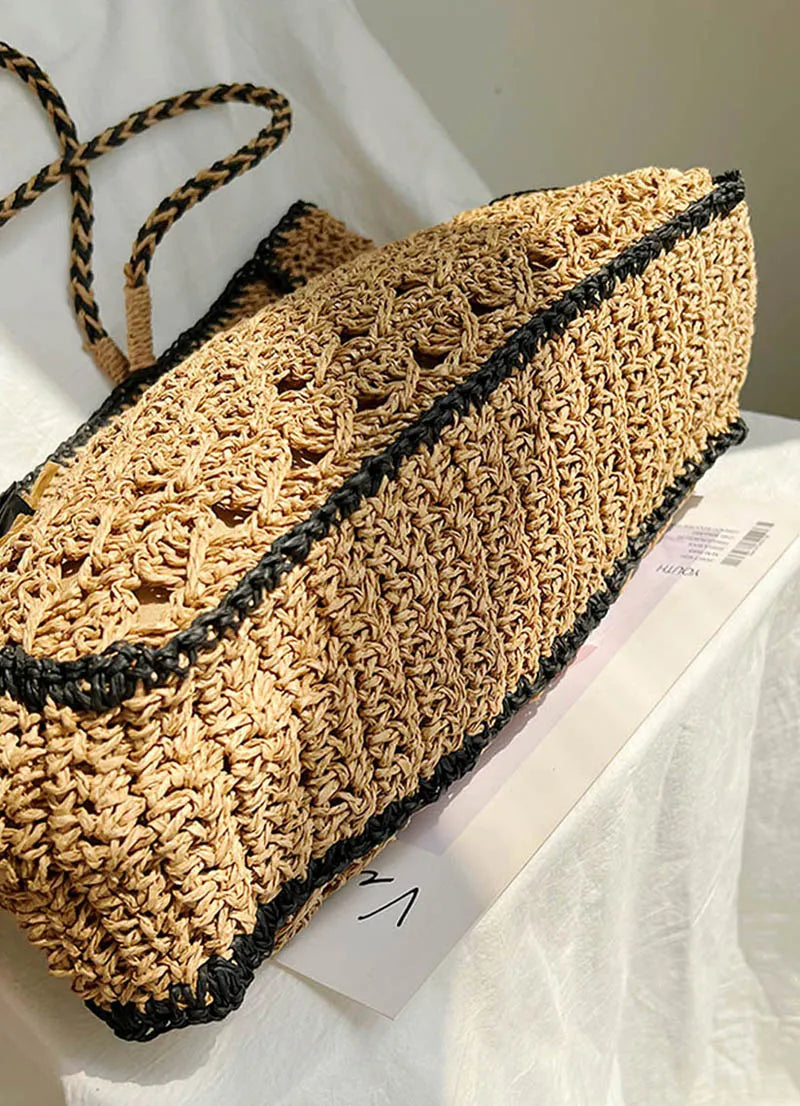 LIZAKOSHT  -  Mesh Crochet Beach Bags Women Hollow Out Straw Woven Tote Bag Seaside Vacation Square Knitted Handbag with Tassel