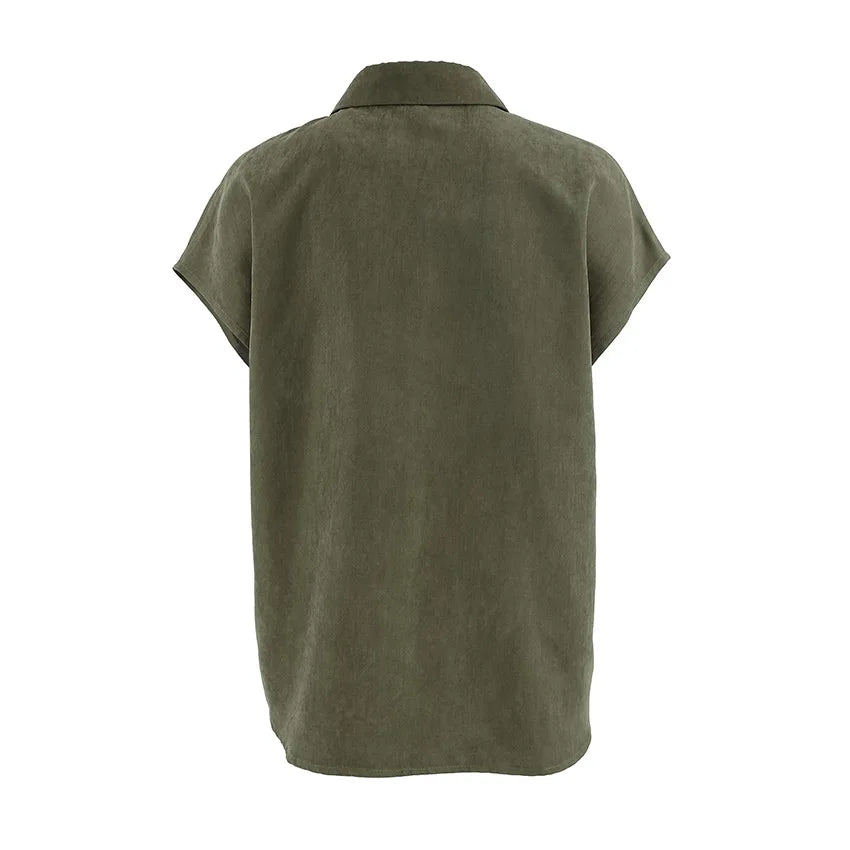 LIZAKOSHT  -  Summer 2025 Vintage Retro Green Blouse Shirt Women Turn-down Collar Single-breasted Pocket Sleeveless Casual Top For Women 55905