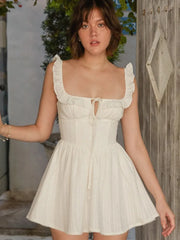 LIZAKOSHT  -  Ruffied Square Collar Mini Dress Women Spaghetti Strap Sleeveless Patchwork Summer High Waist Slim A-line Holiday Dress