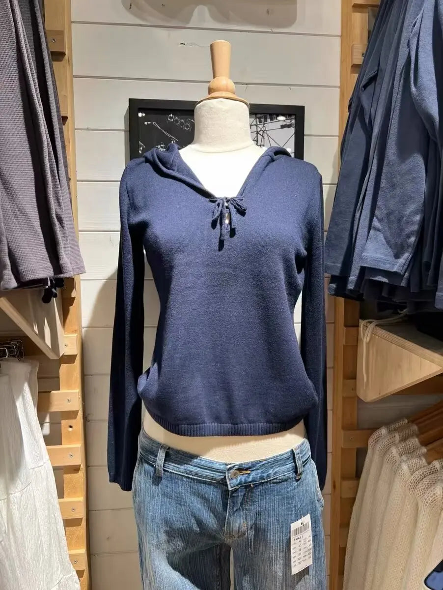 LIZAKOSHT  -  Women Navy Lace-up Solid Knitted Long Sleeve T-Shirt Autumn Hooded Slim Sexy Tee Shirt Female Casual Simple Vintage Y2K Crop Top