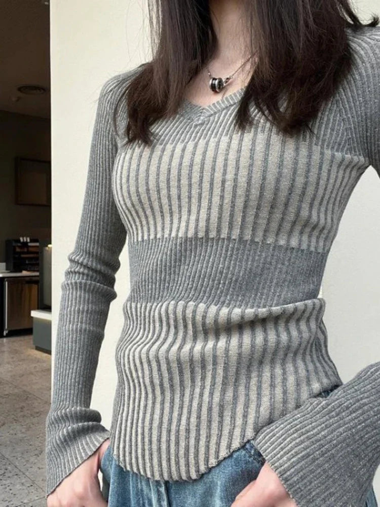 LIZAKOSHT  -   Vintage Elegant Striped V Neck Sweaters Fashion Slim Women Knitted Y2k Aesthetic Pullovers Korean All Match Grunge Sueter Mujer