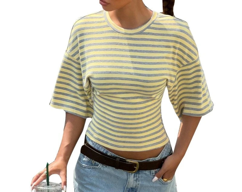 LIZAKOSHT  -  Striped T-shirt Women's Summer Asian Fashion Waist Cinched Mid Sleeved Top Pullover