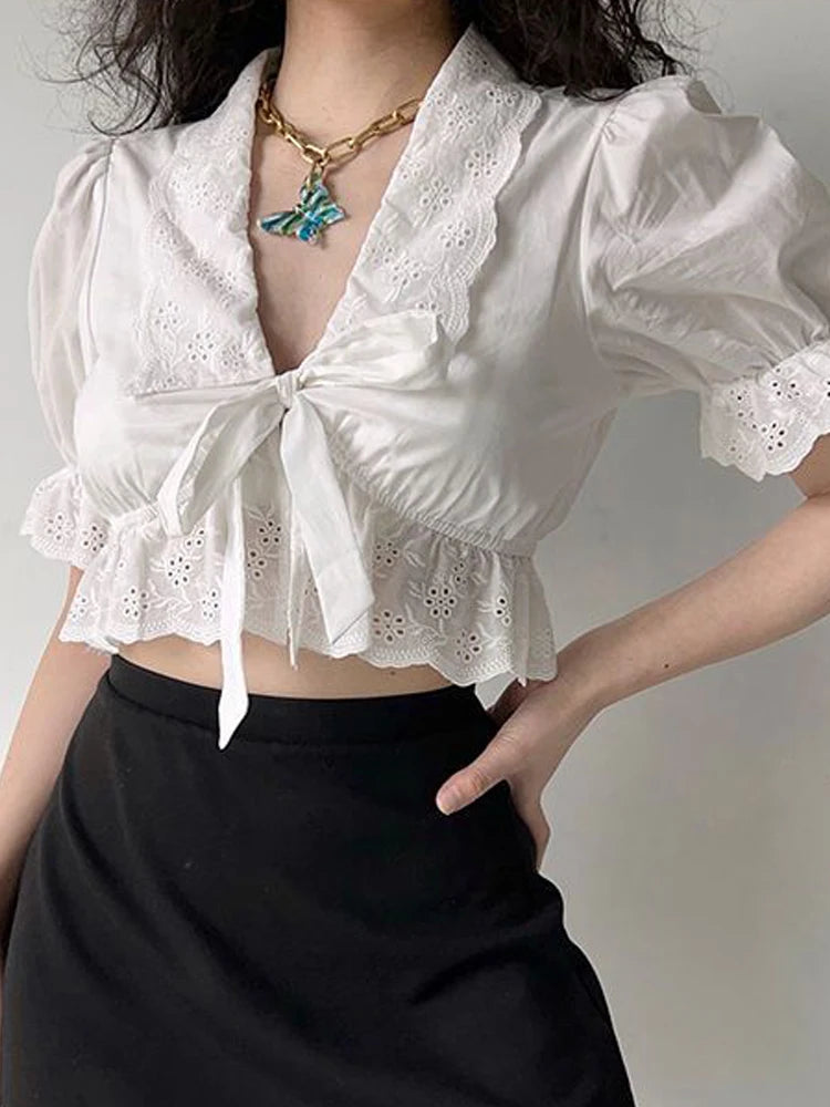 LIZAKOSHT  -  White Crop Blouses Women Summer Short Sleeve Top Female Sweet Vintage Bandage Shirt Ladies Elegant Chic V-Neck Blusas Ropa Mujer