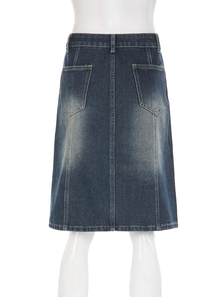 LIZAKOSHT  -  Vintage Blue Straight Denim Skirt Women American Retro Aesthetic Chic Stitch Cargo Mid Skirts Y2K Streetwear Grunge New