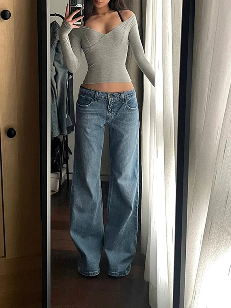 LIZAKOSHT  -  Women Vintage Blue  Jeans Baggy High Waist Cowboy Pants Harajuku Straight Denim Trousers 90s Y2k Trashy 2000s Clothes