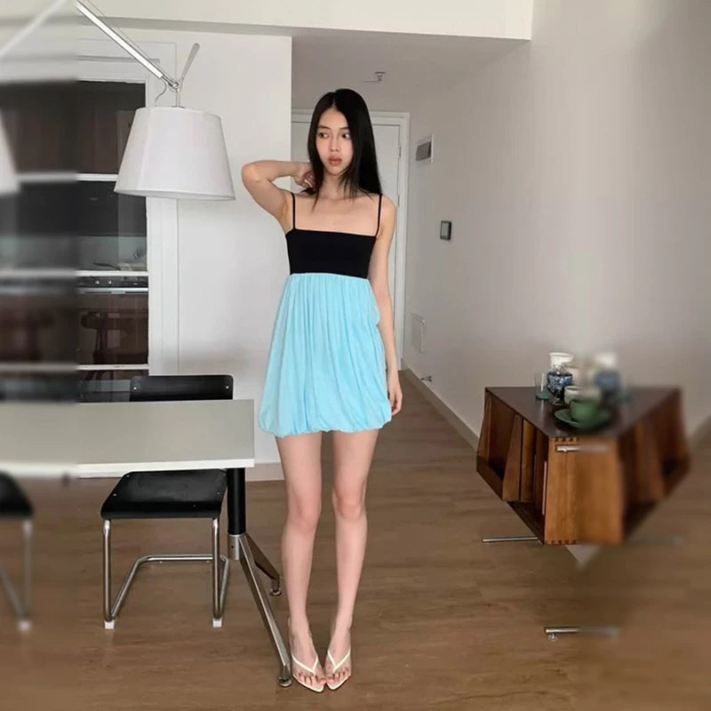 LIZAKOSHT  -  Fashion Sexy Women's Mini Sling Dress Color Blocking Sleeveless Ruched Fit Slim Bud Skirt NEW Summer Lady Party Dresses