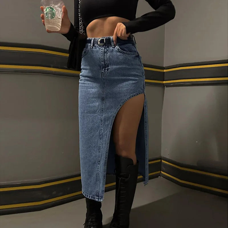 LIZAKOSHT  -  Elegant Side Split Skirt Women Summer High Waist Midi Skirts Female Spring Fashion Denim Office Blue Ladies Clothes