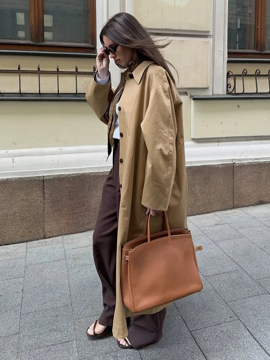 LIZAKOSHT  -  Elegant Cotton Trench Coats for Women 2025 Autumn Turn-down Collar Single Breasted Long Outerwears Ladies Windbreaker