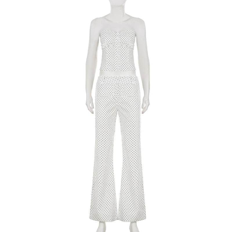LIZAKOSHT  -  Chic Polka Dots Printed 2-Piece Pant Sets Low Waist Straight Leg Trousers &Sleeveless Strapless Y2K Tank Top Women Sets