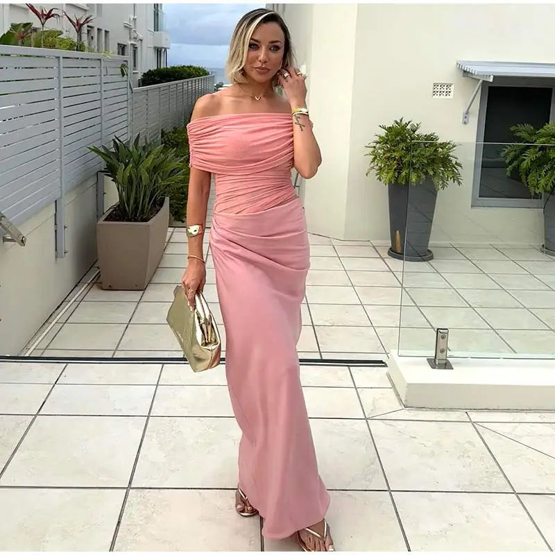 LIZAKOSHT  -  Elegant Sexy Long Dress Women Off Shoulder Hollow Out Sleeveless Patchwork Mesh Robe Female 2025 Spring Summer Chic Solid Robe