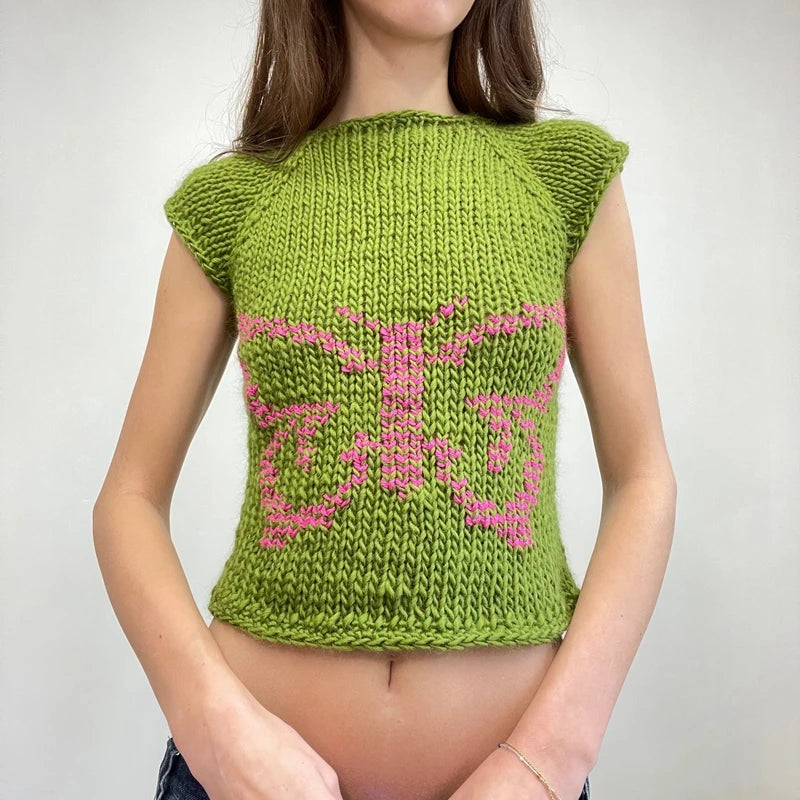 LIZAKOSHT  -  Butterfly/Bow Knit Short Sleeve Sweater Tees Aesthetic 2000s Retro Grunge T-shirt Preppy Cute Cottage Y2K Crop Tops Knitwear