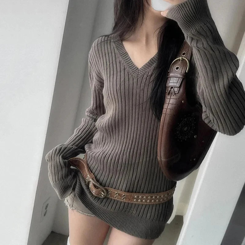 LIZAKOSHT  -  Vintage V Neck Knitted Sweaters Women Fall Winter Hotsweet Slim Fit Long Sleeve Pullovers American Retro Solid Lazy Wind Jumpers