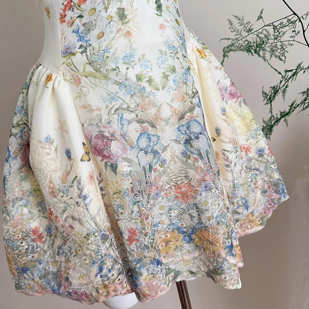 LIZAKOSHT  -  Off White Elegant Kawaii Fairycore Floral Print Chiffon Ruched Waist Halter Mini Dress Women Girls Summer Beach Party Daily Wear