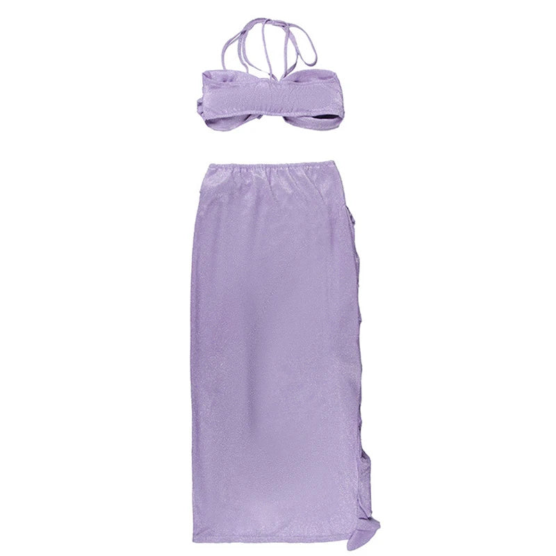 LIZAKOSHT  -  2 Piece Set y2k Summer Outfits Women Strapless 3D Rosette Halter Tops + Asymmetrical Ruffle Hem Skirt Party Clubwear