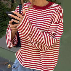 LIZAKOSHT  -  Women Casual Striped Long Sleeve Cotton Tops Autumn O-neck Patchwork Loose T-shirt High Street Female Vintage Tops New