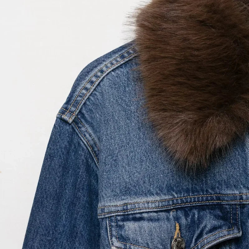 LIZAKOSHT  -  Women Blue Denim Jacket With Brown Faux Fur Collar Full Sleeve Button Front Cropped Casual Outerwear 2025 Autumn Lady Streetwear