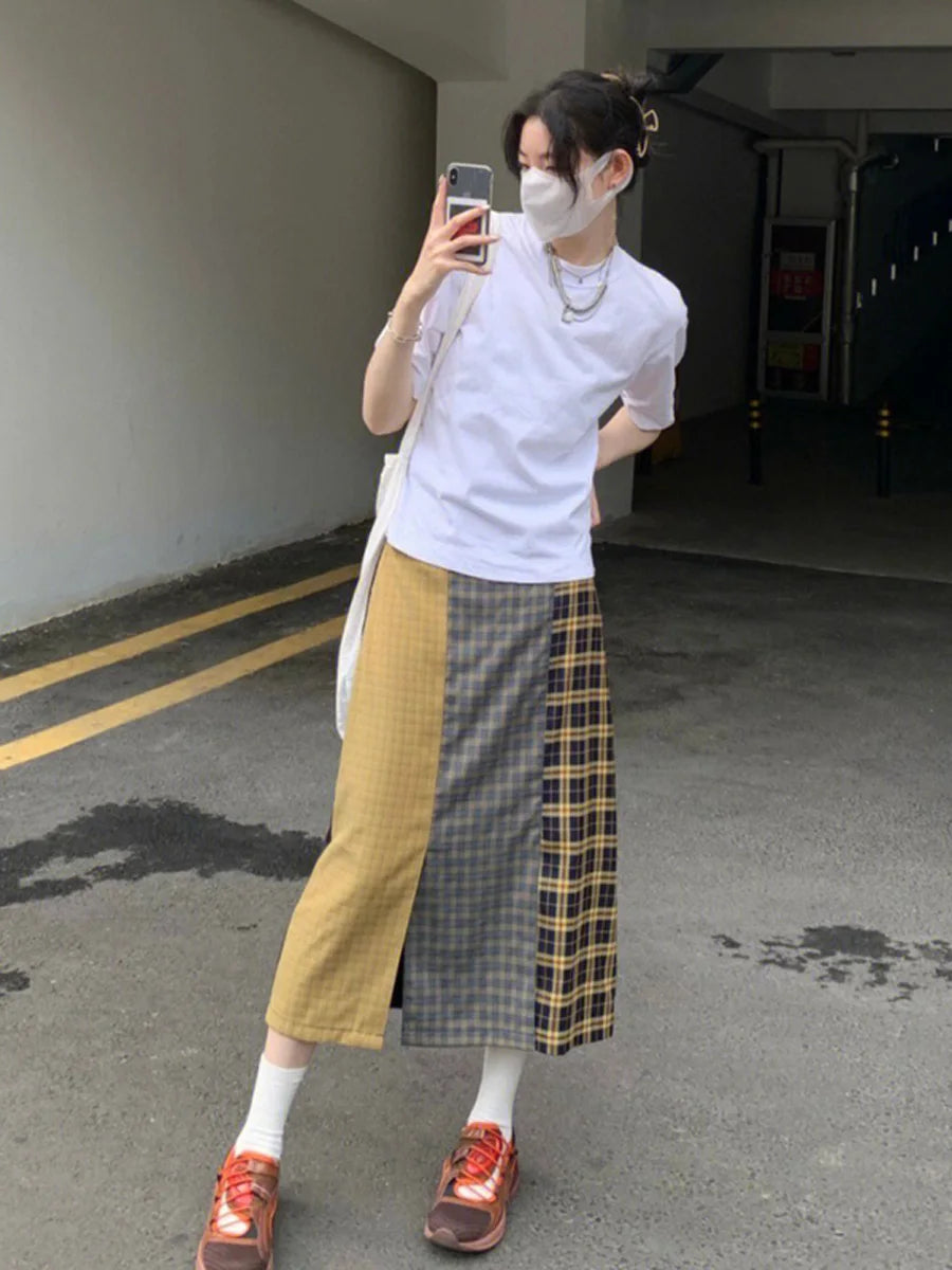 LIZAKOSHT  -  Women's A-line Plaid Skirt Vintage Aesthetic Y2k Asymmetrical Skirt Harajuku Streetwear Emo Mini Skirt 2000s Clothes Summer