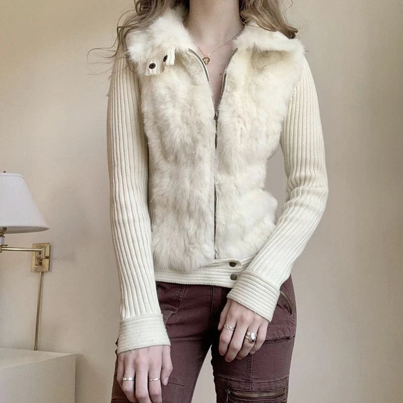 LIZAKOSHT  -  Women Knitted Coats Fall Winter American Simple Furry Patchwork Slim Fit Jacket Office Lady Elegant Zipper Fashion Female Tops