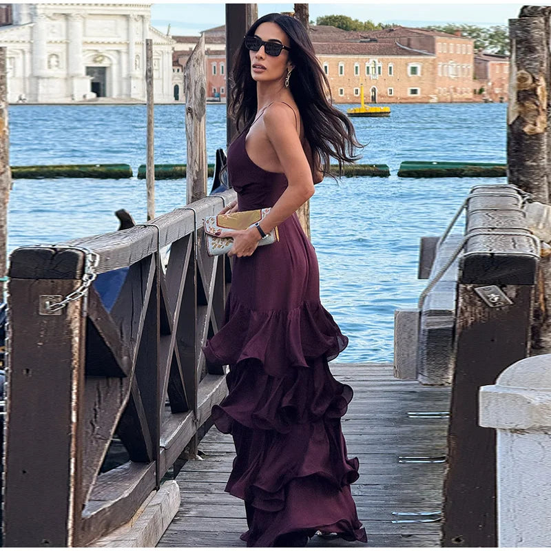 LIZAKOSHT  -  Sexy Solid Ruffles Sling Dress Women Sleeveless Backless Empire V-neck Long Party Dresses Female Spring Chic Lady A-line Robes