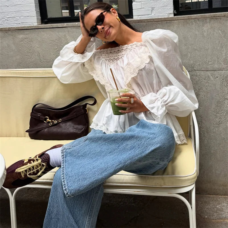 LIZAKOSHT  -  Sexy Off-Shoulder Lace Patchwork T-Shirt Top Women Lantern Sleeve Fashion Casual Solid Female T-shirt Top Streetwear