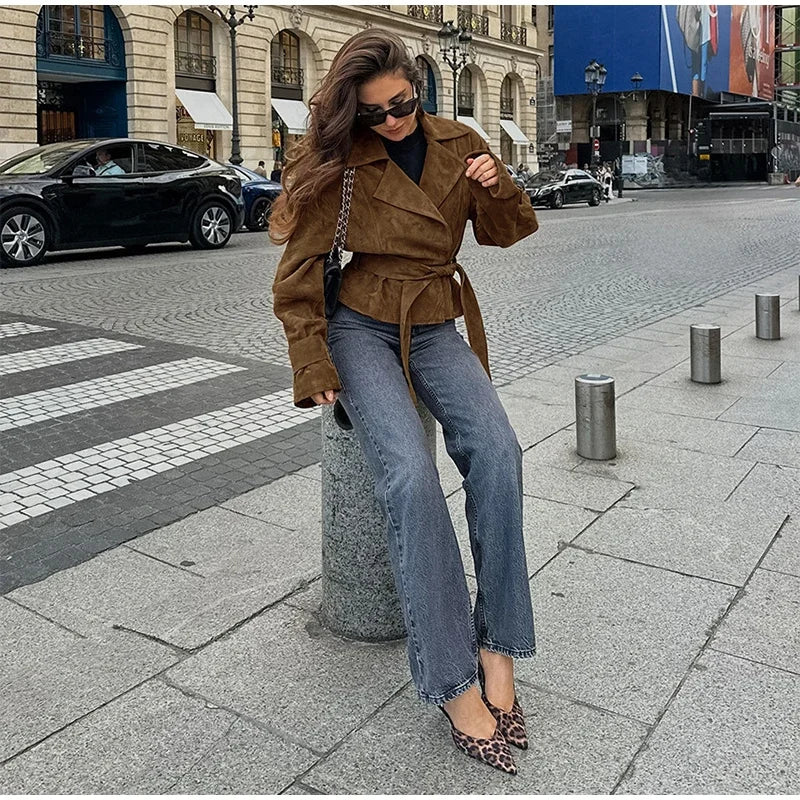 LIZAKOSHT  -  Retro Brown Lace Up Shorts Suede Jacket Elegant Female Lapel Long Sleeves Slim Coats Autumn Chic Lady High Street Outwear