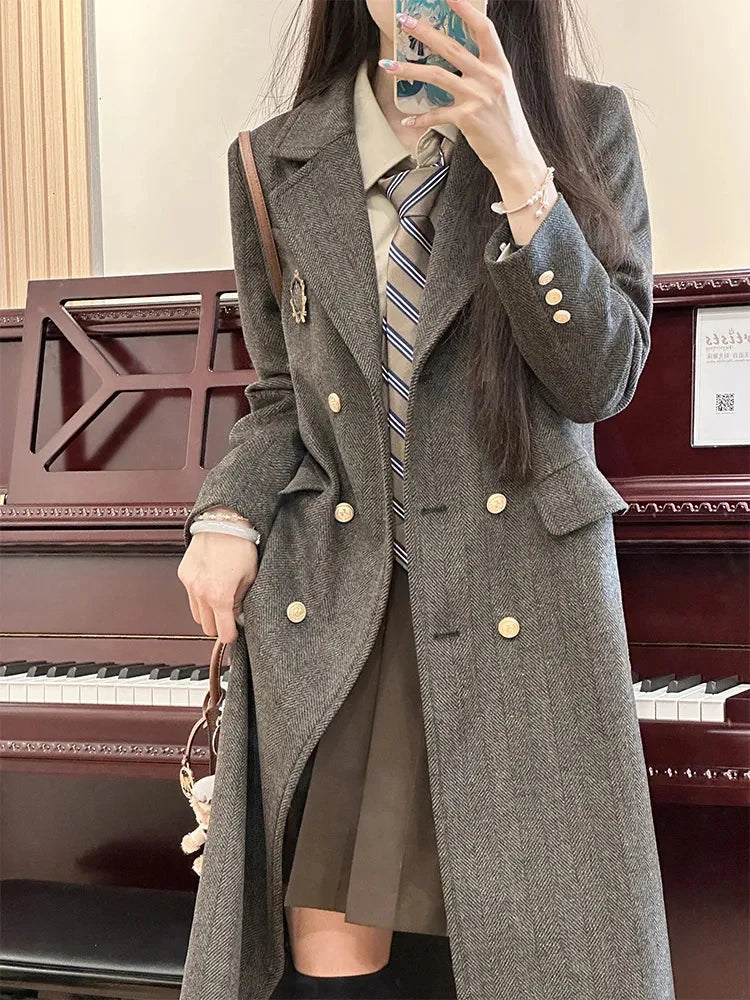 LIZAKOSHT  -  Women Retro Midi Blazer Fall Winter Preppy Button Patchwork Elegant Suit Coats Grey Long Sleeve Vintage Student Sweet New Jacket