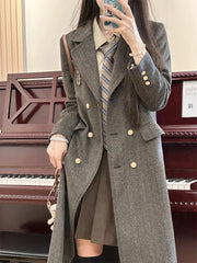 LIZAKOSHT  -  Women Retro Midi Blazer Fall Winter Preppy Button Patchwork Elegant Suit Coats Grey Long Sleeve Vintage Student Sweet New Jacket