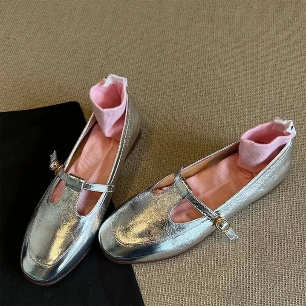 LIZAKOSHT  -  Ladies Flat Shoes Square Toe British Style Small Leather Shoes Women New Silver Single  Fashionable Mary Jane Shoes