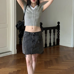LIZAKOSHT  -  V-neck Bow Lace Up Casual Knit Short-sleeved T-shirt Women 2024 Summer New High Street Contrast Color Patchwork Sexy Crop Tops