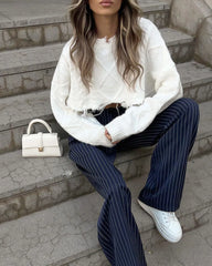LIZAKOSHT  -  Commuter Style Casual Fashion High Waist Straight Leg Wide Leg Pants Women's Autumn/Winter New Style navy blue Striped trousers