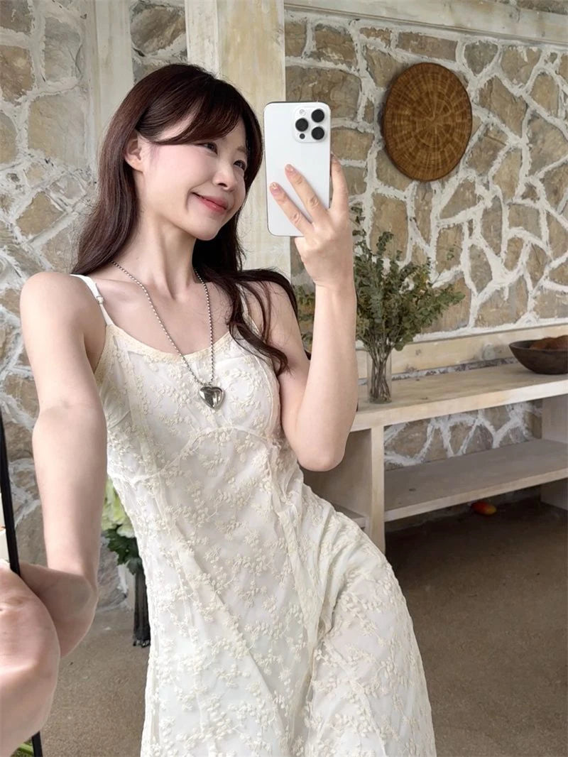 LIZAKOSHT  -  Adjustable Strap Embroidered Dress Women White Sweet Slim Blackless Camis Dress Sexy Off Shoulder Vacation Beach Party Vestidos