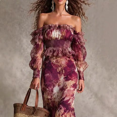 LIZAKOSHT  -  Summer Print Bubble Sleeve Tube Top Midi Dress Set Matching Jumpsuit Playsuit