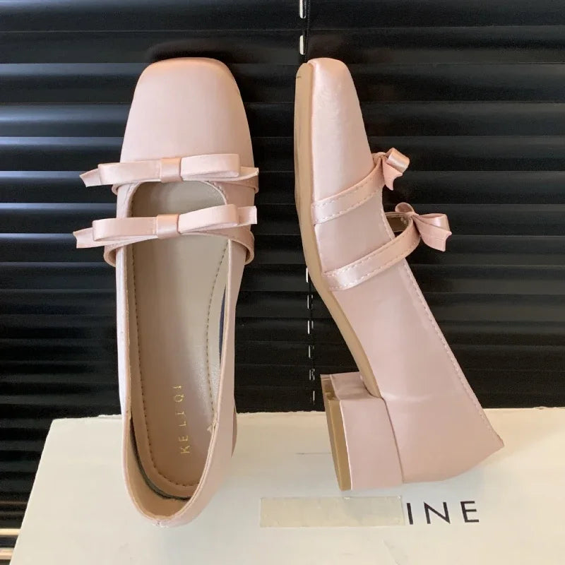 LIZAKOSHT  -  Satin Bow Fashion Mary Jane Shoes Women Sweet Shallow Chunky Dress Shoes Female Comfort Elegant Low Heel Square Toe Pumps Women