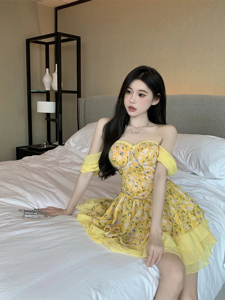 LIZAKOSHT  -  Sexy Dresses Women Floral Printed Patchwork Chain Ruffles Layered Square Collar Elegant Mini Dress Slim Fashion Female