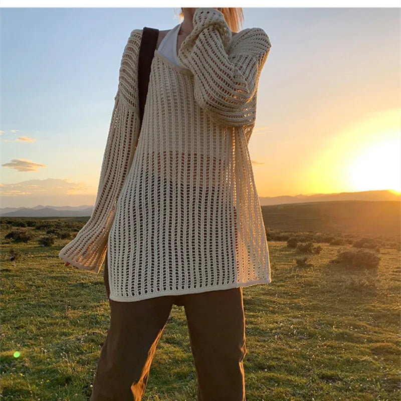 LIZAKOSHT  -  Outer Cover for Women 2024 Spring Summer Thin Long Lazy Air Conditioning Sweater Premium Top Long Sleeve Hollow Knitted Sweater