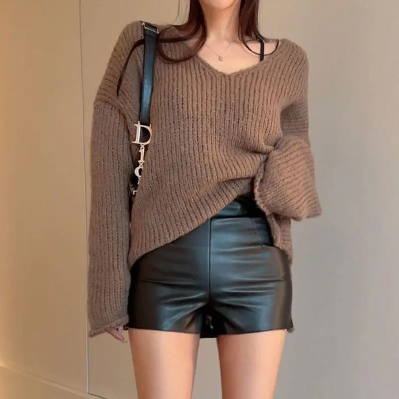 LIZAKOSHT  -  Sweaters Brown V-Neck Slit Autumn Retro Knitted Jumper Tops Y2K Harajuku Casual Women Basic Loose Pullover Korean Style