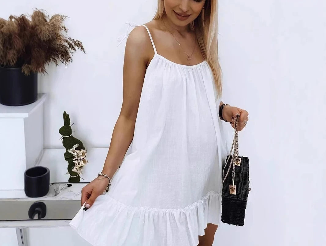 LIZAKOSHT  -  Summer New Solid Color Loose Lotus Leaf Hanging Strap Sexy backless Dress