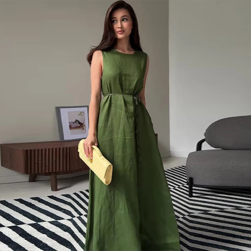 LIZAKOSHT  -  Lace Up Sleeveless Maxi Dresses Woman Cotton Linen Loose  O-neck Long Dress Ladies Casual Solid Colors Summer Office Robe